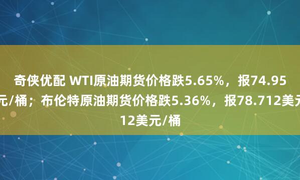 奇侠优配 WTI原油期货价格跌5.65%，报74.951美元/桶；布伦特原油期货价格跌5.36%，报78.712美元/桶